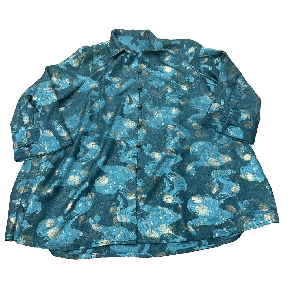 Rising Phoenix Womens Size XL Blue Silk Blend Jacket Phoenix‎ Print 3/4 Sleeve